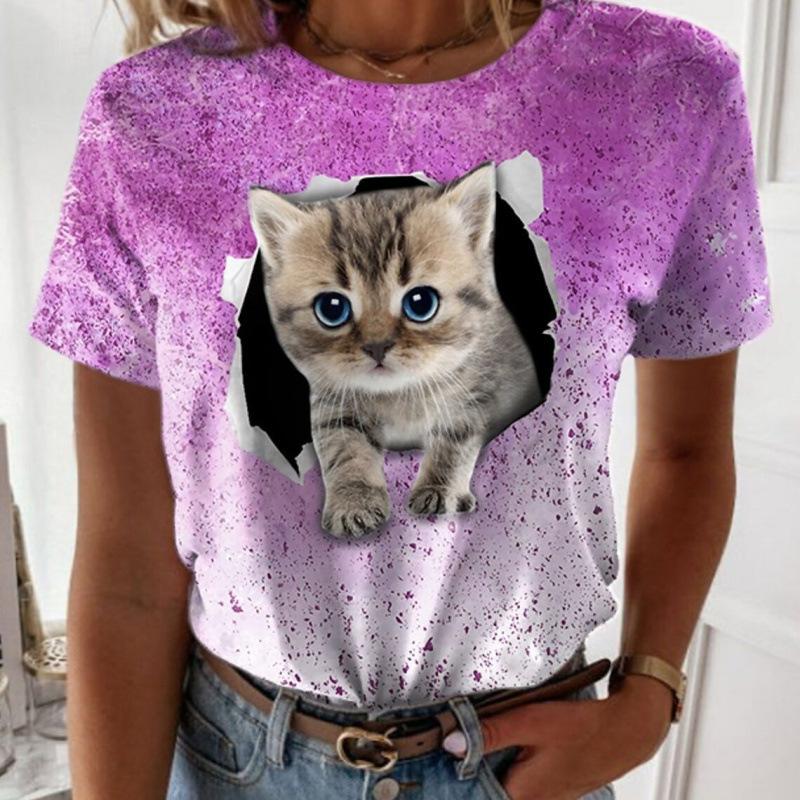 Sommar 3D-tryckt Katt Hund Kortärmad T-shirt Casual Lös Rund Hals Dammode Topp T-shirts Dam