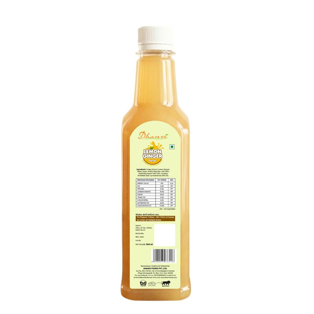 Dhanvi Lemon Ginger Syrup | Lemon Sharbat Drink Concentrate | Zesty Mocktail & Cocktail Mixer | Refreshing Summer Beverage | Ginger Lemon Drink wit