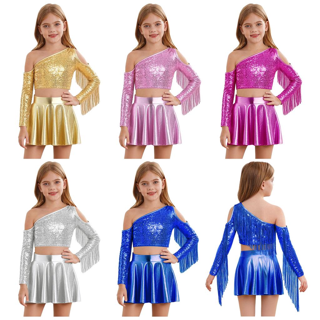 Costume da Palco Lucido Metallico per Ragazze Monospalla Manica Lunga Frange Paillettes Crop Top Vita Alta Gonna Pieghettata