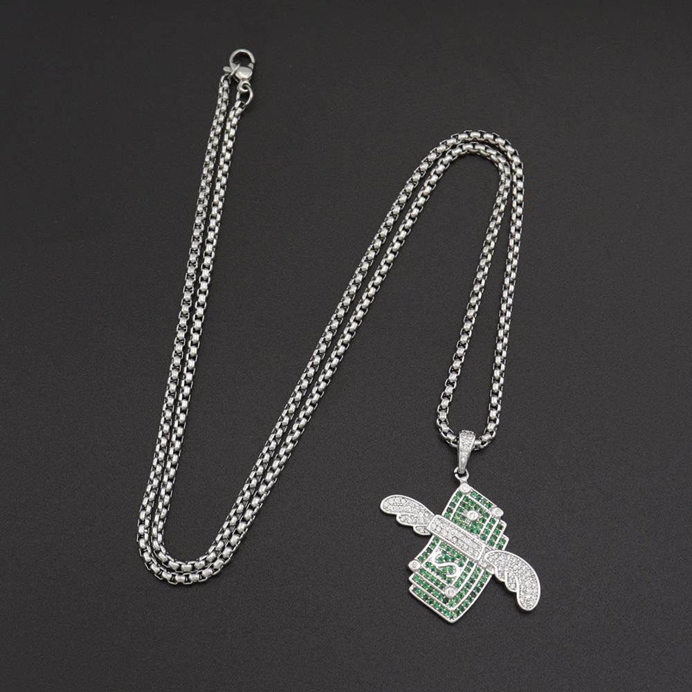Euro-American Rap Style Hip Hop Dollar Wings Zircon Pendant Necklace for Men & Women