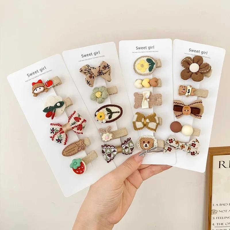 5pcs Sweet Kids Hair Clip Beige Coffee Color Plush Hairpin for BabyToddler Autumn Winter Kawaii Bowknot Headwear for Girls