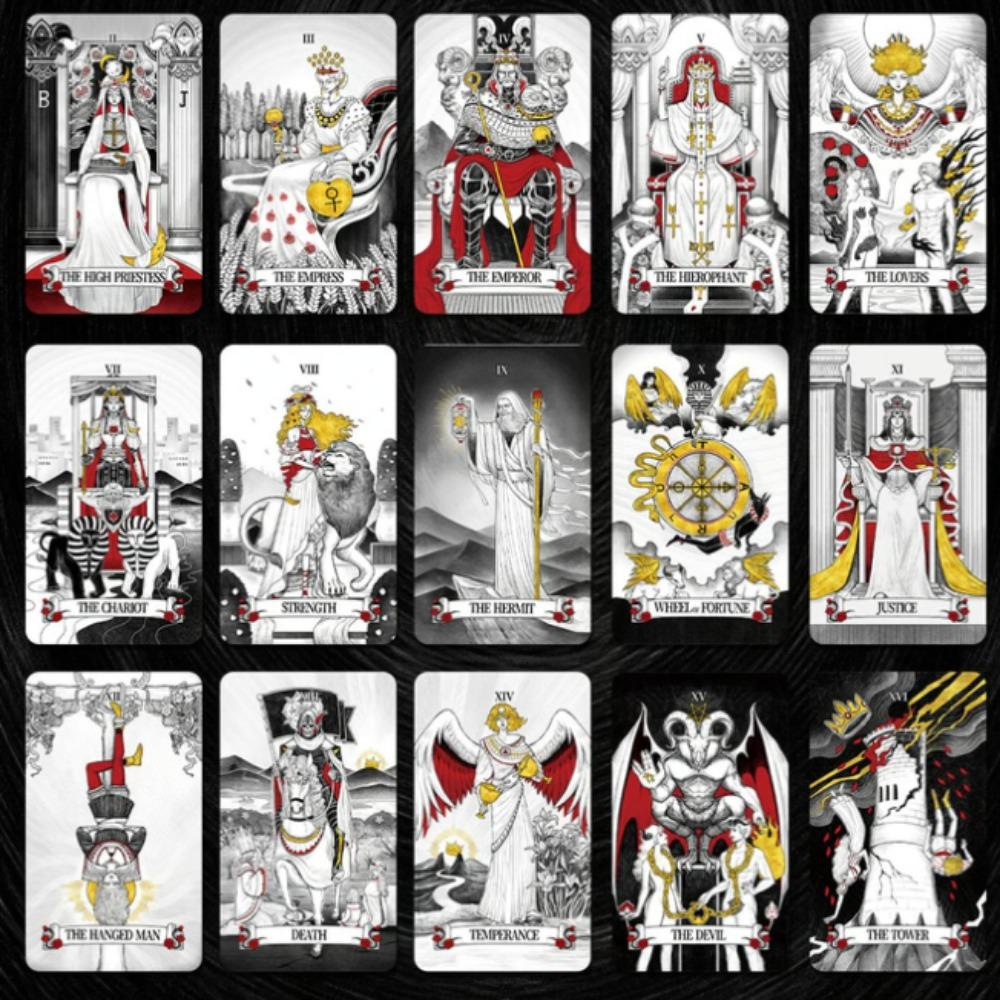 12*7cm Tarot cu oglindă secretă Tarot de artă feminină în simbolism bogat cu tărâm monocrom:Negru, alb, roșu, auriu- cu Ghid