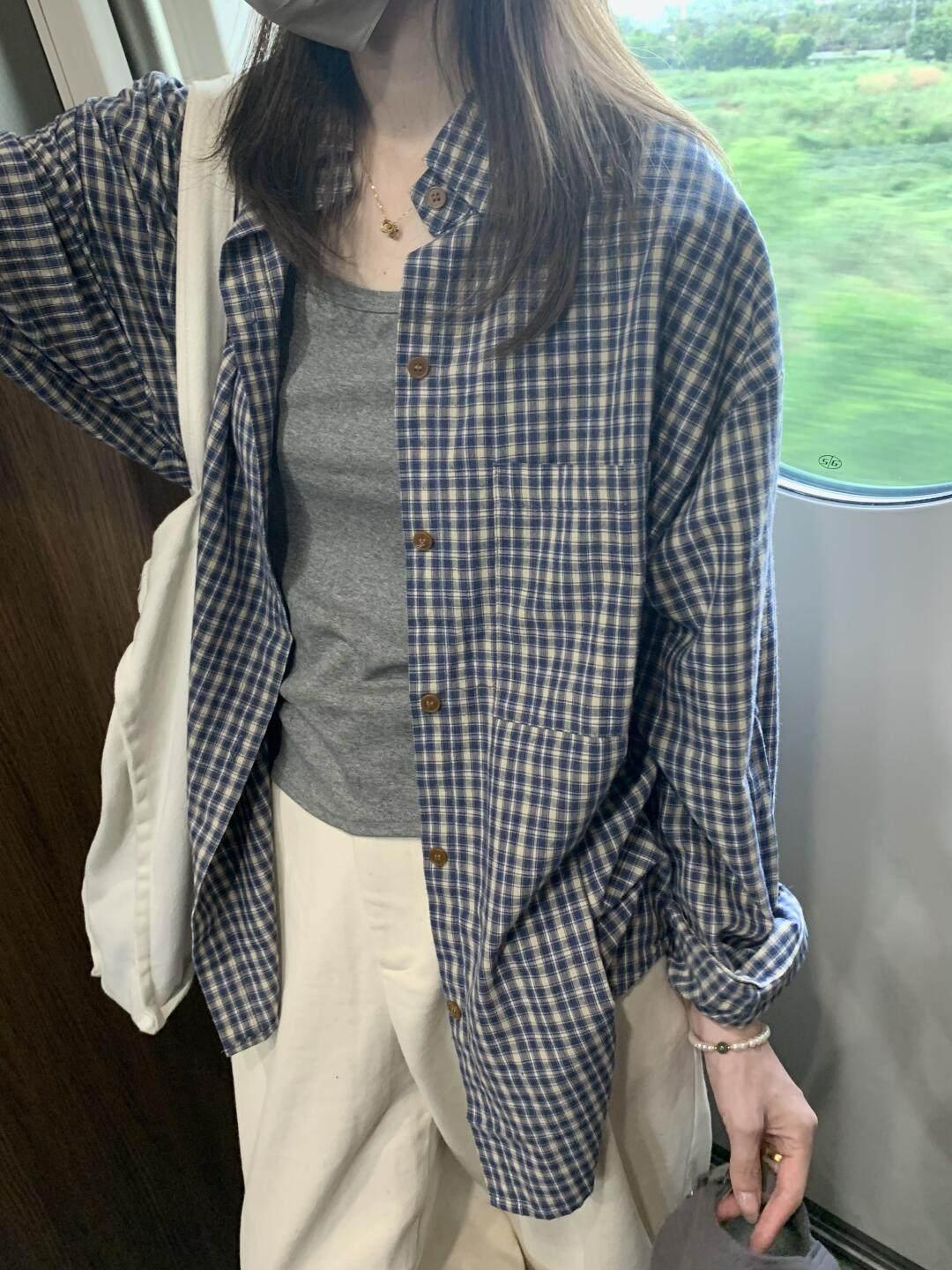 

Women s Korean Blue Plaid Long Sleeve Shirt Jacket, Spring 2026 - Casual and Slimming, Loose Fit S (37.5-47.5 kg) синий