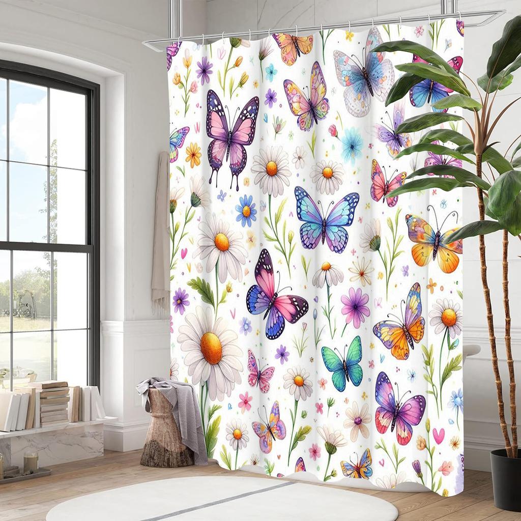 Butterfly Pattern Bathing Curtain  Bathroom Shower Curtain Waterproof With 12 Hooks Home Deco Free Ship