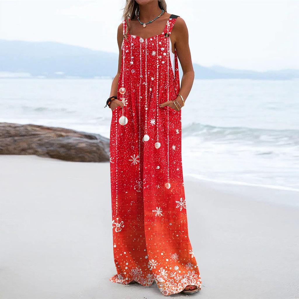 Women's Christmas Print Solid Wide Leg Strapless Tank Pocket Casual Onesie