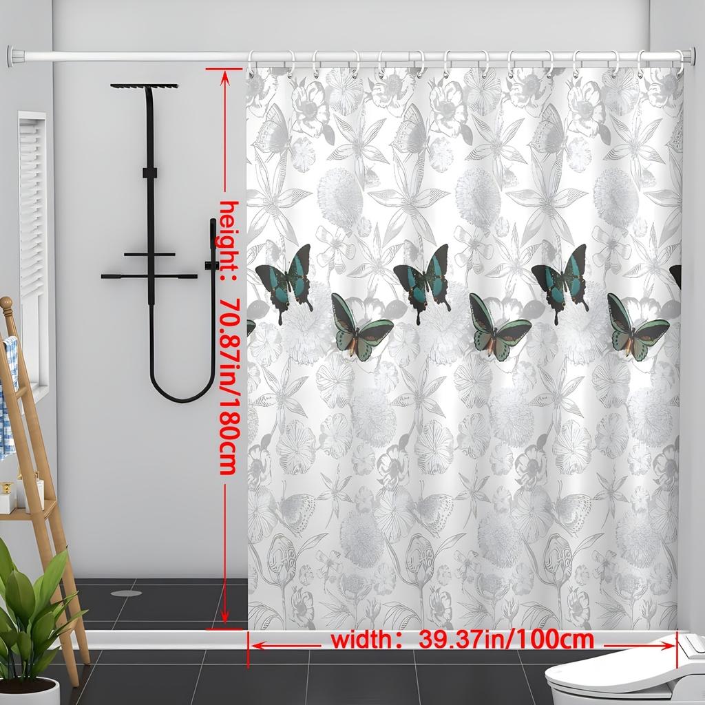 1x Butterfly and Floral Print Polyester Shower Curtain - Thick and Warm Bathroom Decor with Hooks, Machine Washable