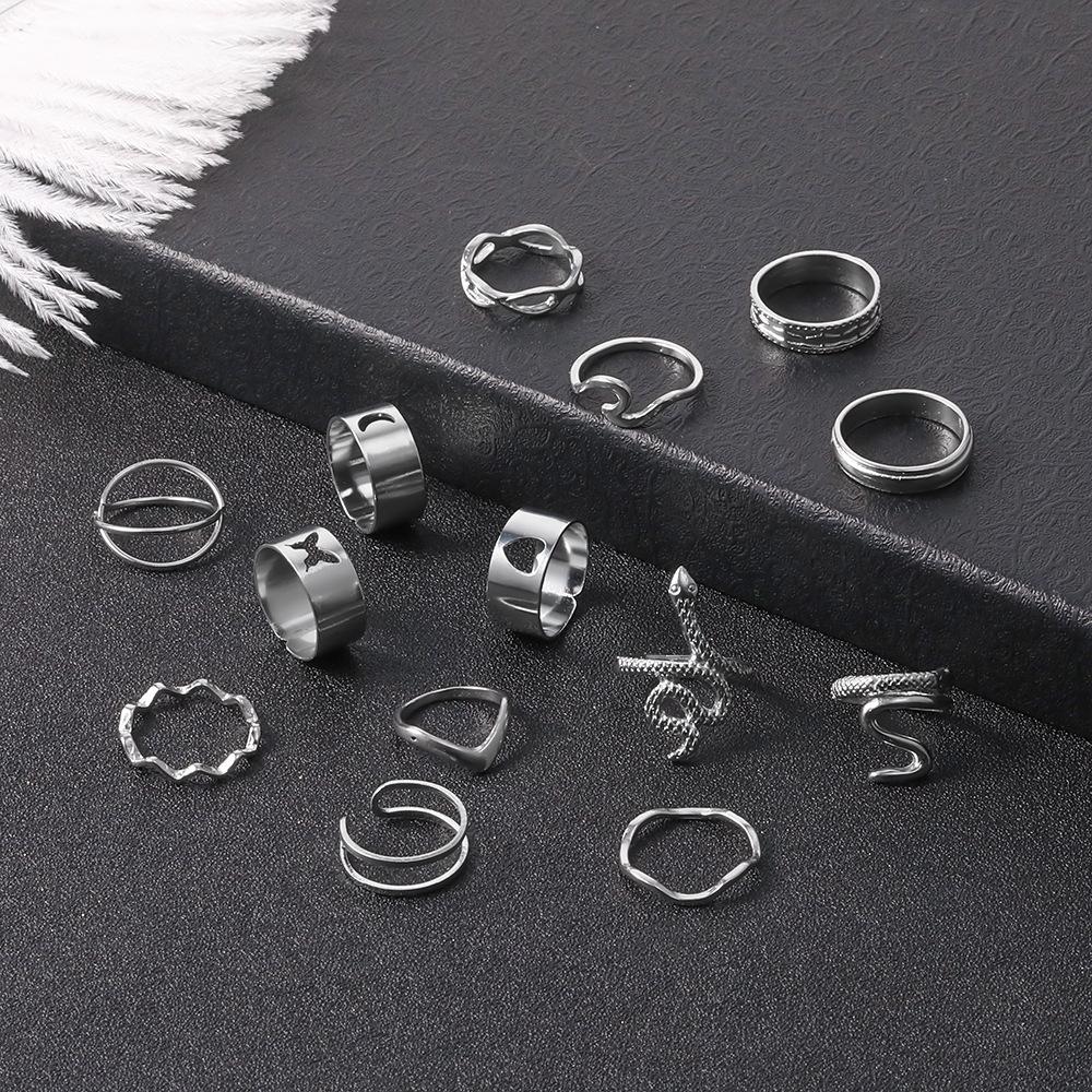 Butterfly Ring Fashion Personality Animal Snake Hollow Love Moon Cross 14-Piece Ring Female