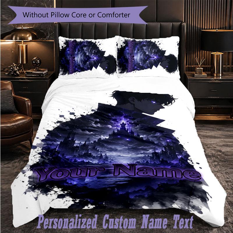 Personalized 3Pcs Bedding SetSolo Leveling Custom Text Duvet Cover Pillowcase Set Bedroom Gift