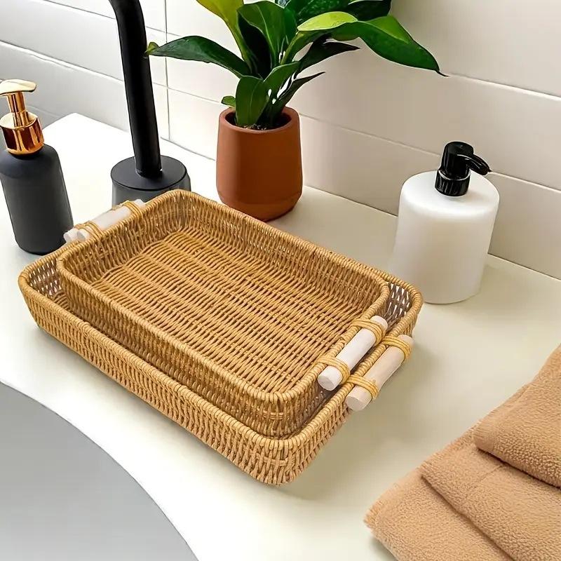 Multi-Use Pp Woven Storage Basket With Wooden Handle Modern Rectangular Shallow Bin For Living Room Bedroom Kitchen Hotel Servic