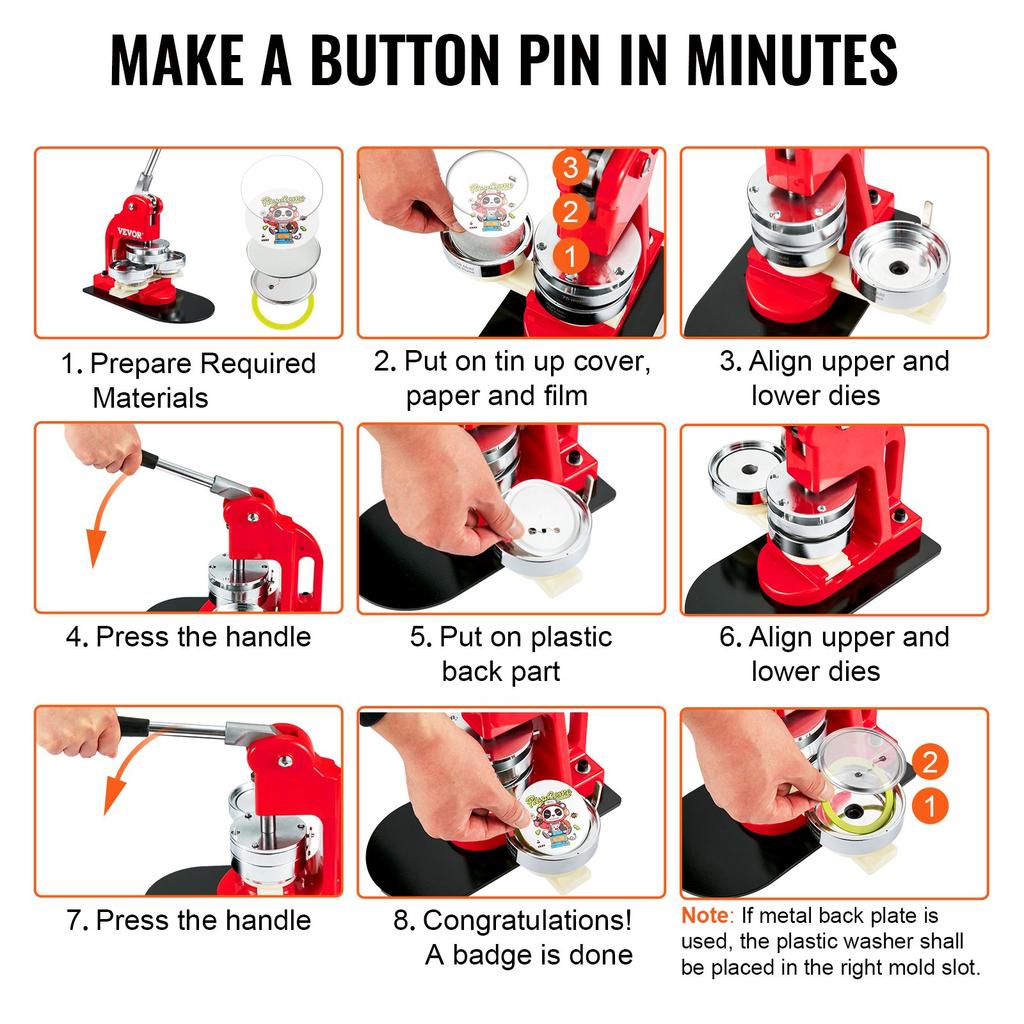 VEVOR 200 Sets 3 inch 75mm Pin Back Button Parts, DIY Round Button Badge Parts, Set Includes Metal Top, Plastic/Metal Button, Clear Film