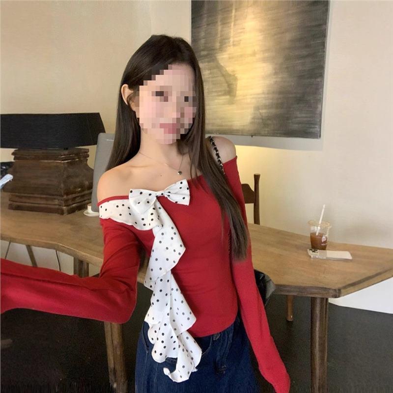 

Красный топ с открытыми плечами, бантом и длинным рукавом - Приталенный силуэт, Шикарный и милый дизайн S красный