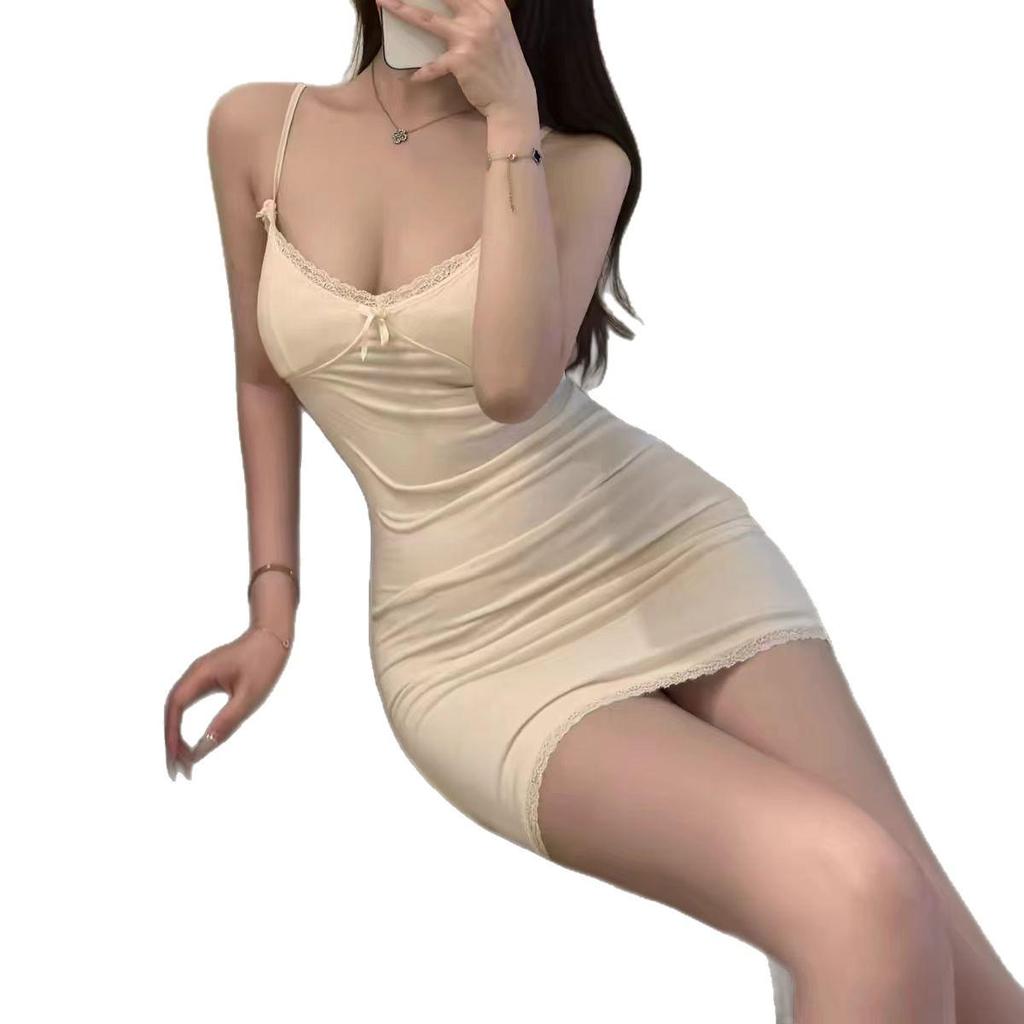 Elegant Lace-Trimmed Spaghetti Strap Bodycon Mini Skirt Dress for Women