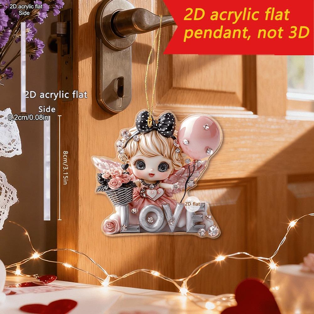 1 szt. Wisiorek Aniołek Serce, w romantycznym płaskim designie z serduszkami, napisem LOVE i kokardkami, nadaje się jako ozdoba samochodowa, dopasowanie do plecaka dla par
