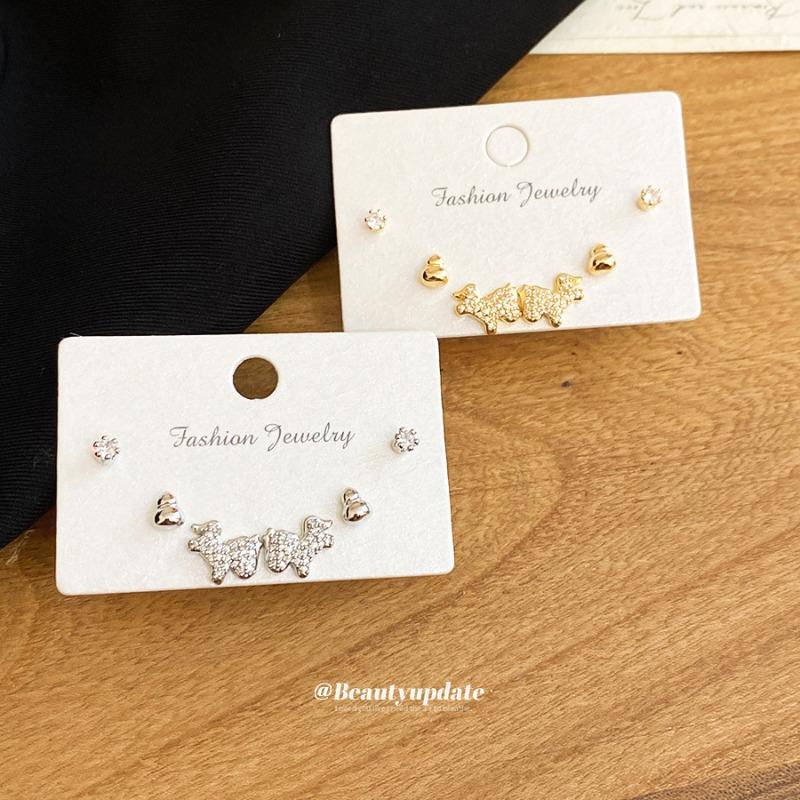 Silver Needle Zircon Gourd Pony Stud Earrings Set Natal Year Daily Versatile Temperament Earrings Light Luxury High-end Earrings