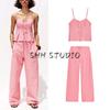 Bowknot Decoration Stripes V-neck Strap Tops 3564108 High Waist Wide Leg Casual Trousers 3564109