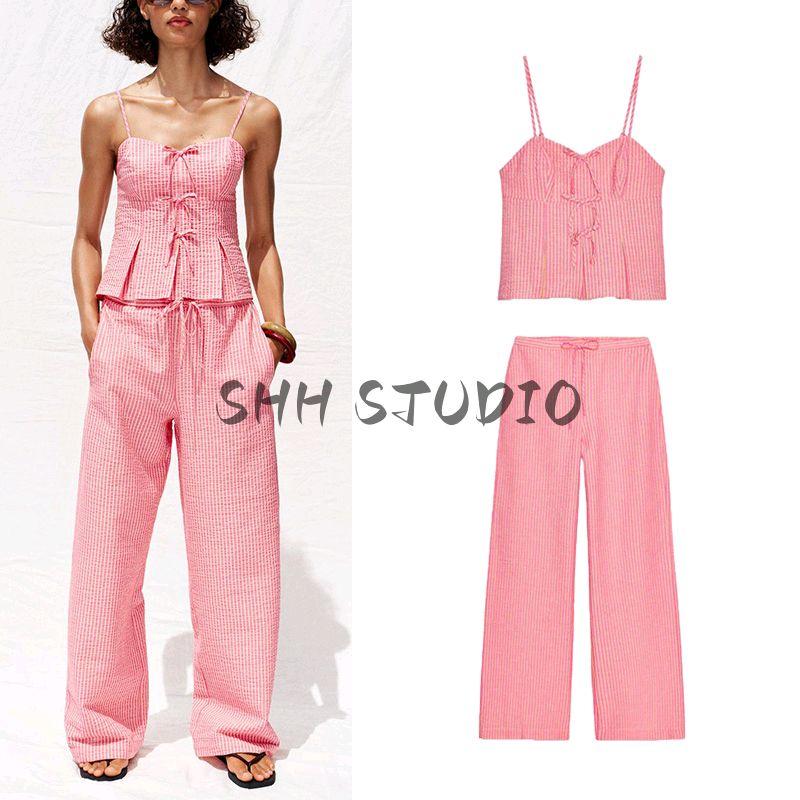 Bowknot Decoration Stripes V-neck Strap Tops 3564108 High Waist Wide Leg Casual Trousers 3564109
