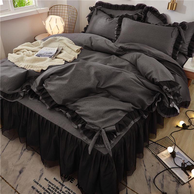 Black Lace Princess Style Bed Skirt Set - Bestseller 4-Piece for 1.5/1.8m Beds