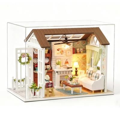 CUTEROOM DIY Wooden Miniature Dollhouse Kit with Music Box, LED Lights & Dustproof Cover - Beginner's Handmade Miniature House, Natural American