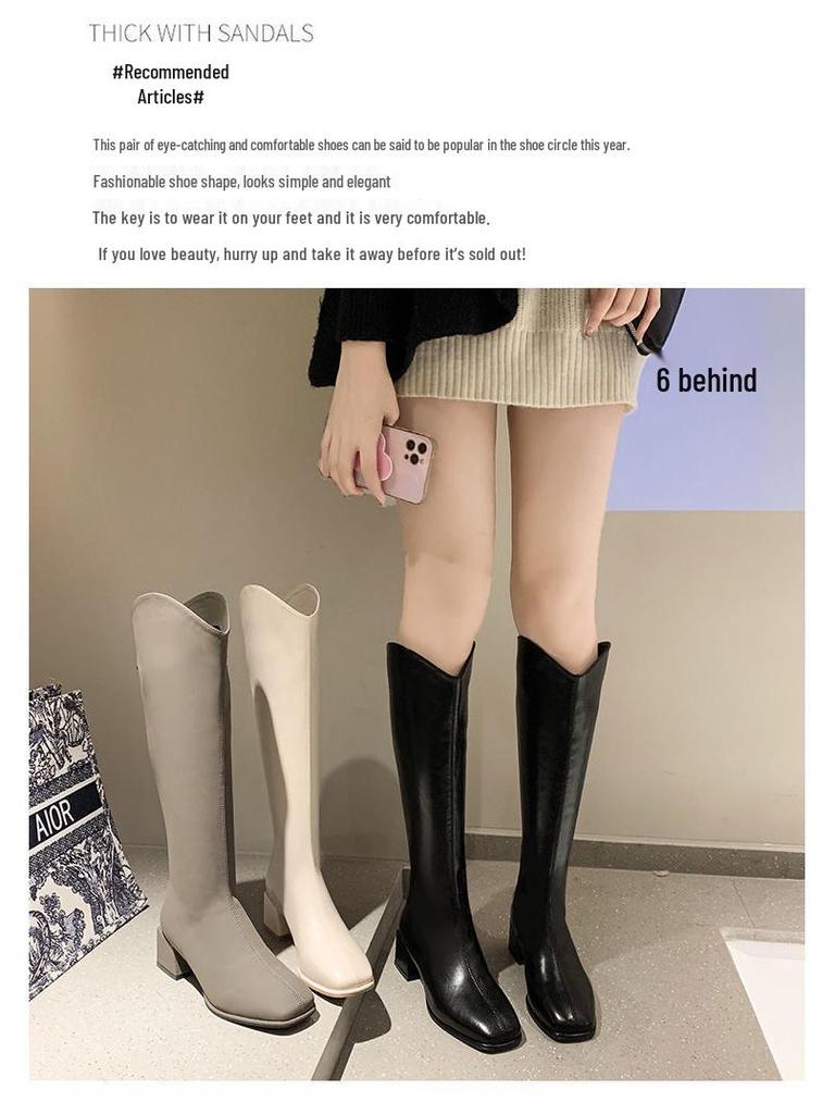 Dámské kozačky nad koleno s robustním podpatkem a čtvercovou špičkou - kolekce podzim/zima 2025