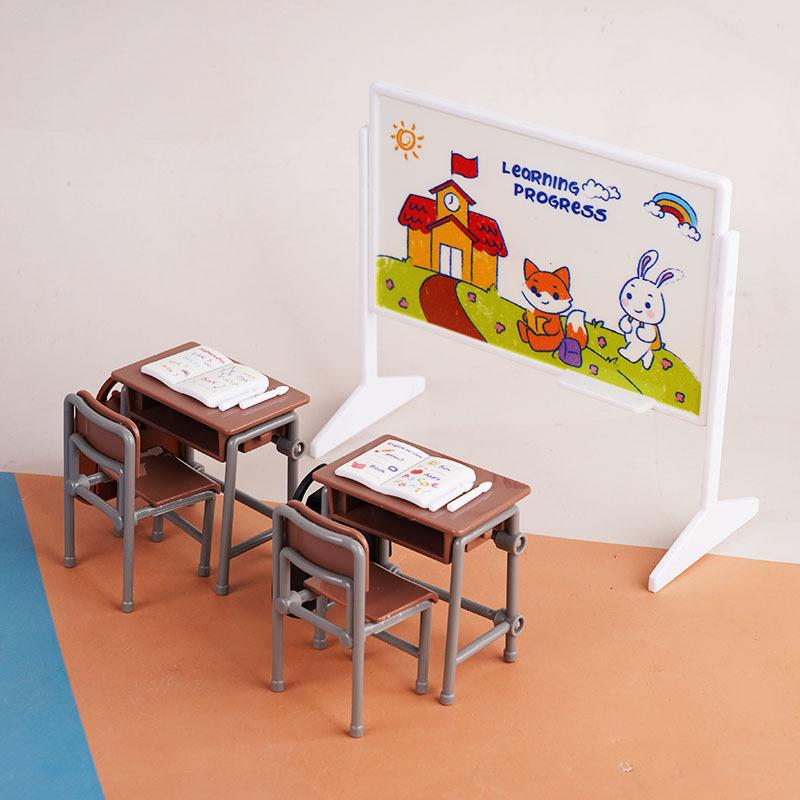1 Set Classroom Decor Toy 1:12 Dollhouse Miniature Desks Chairs Blackboards Books Schoolbags Model Doll House Accessories