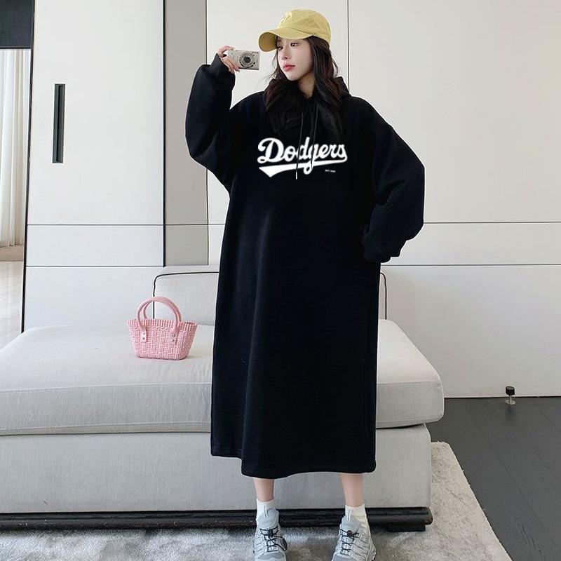 Thick-cuffed Round-neck Pullover Dress for Women, Suitable for Autumn and Winter, Large Size, Loose Fit, Slimming, Long Style, Knee-length Dress