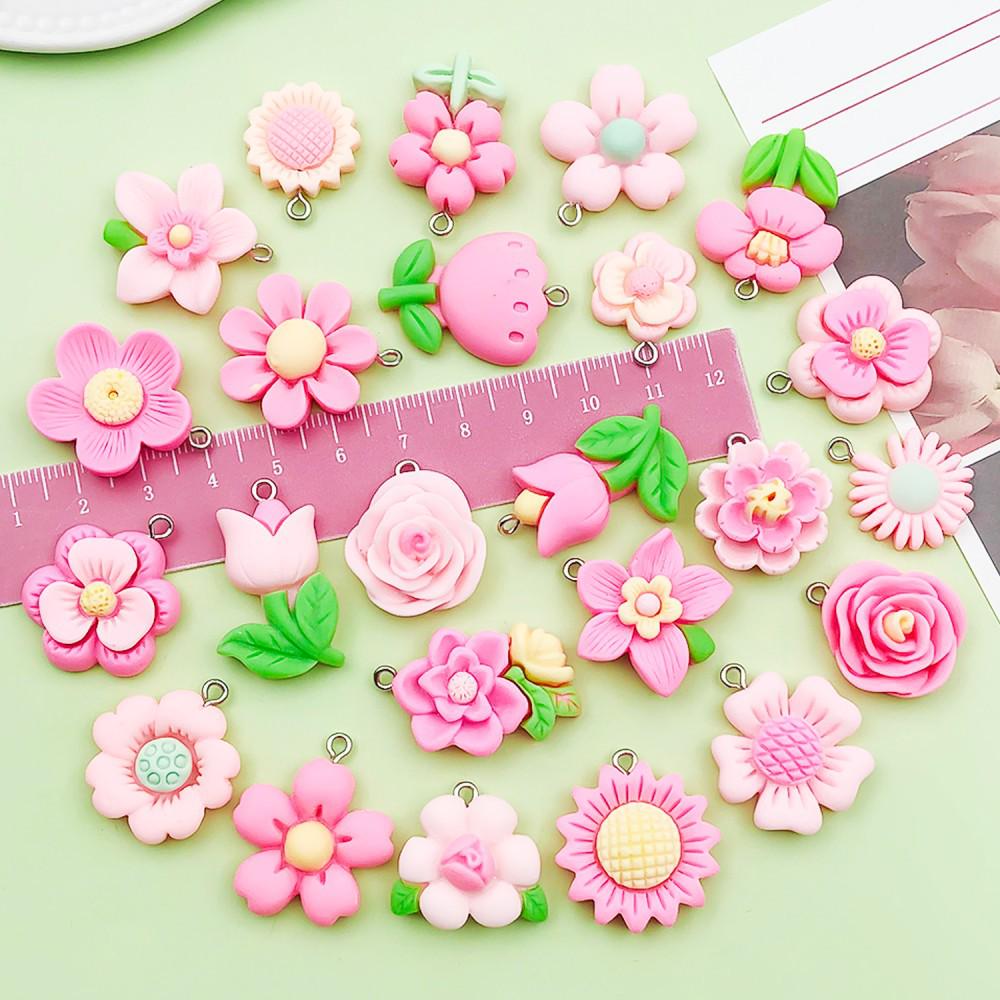 30-Piece Set: Pink Resin Sunflower & Rose Flower Pendants for DIY Jewelry