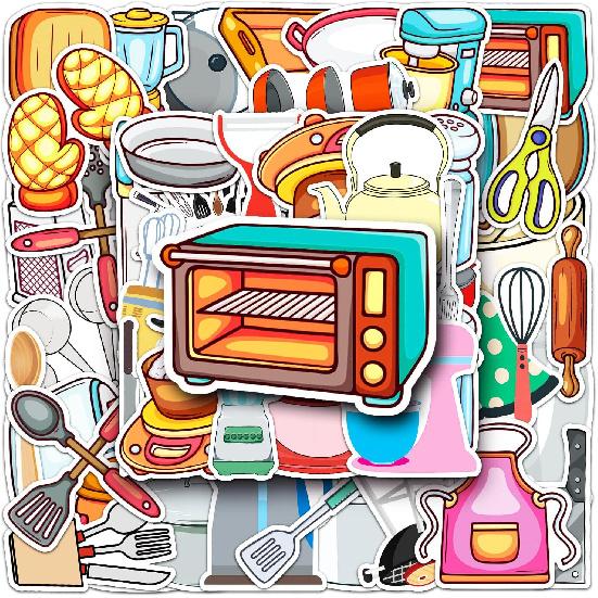 Daily Kitchen Stickers,50pcs Baking Stickers,Kitchen Sticker, Pot Sticker,for Water Bottle,Waterproof Vinyl for Laptop Computer Phone Bumper