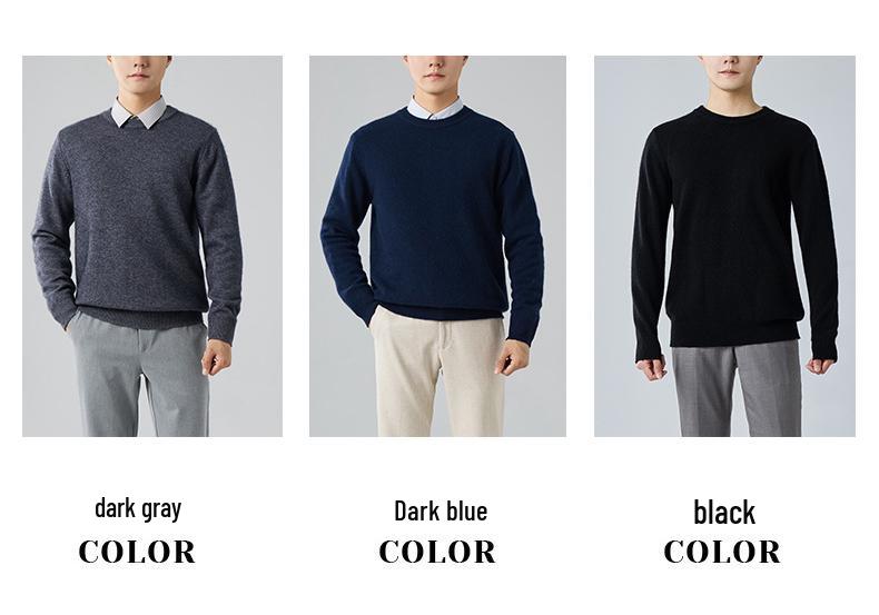 Men's Winter 2025 Cashmere Round Neck Sweater - Thick, Long Sleeve, Business Casual, Solid Color Knit Base Layer