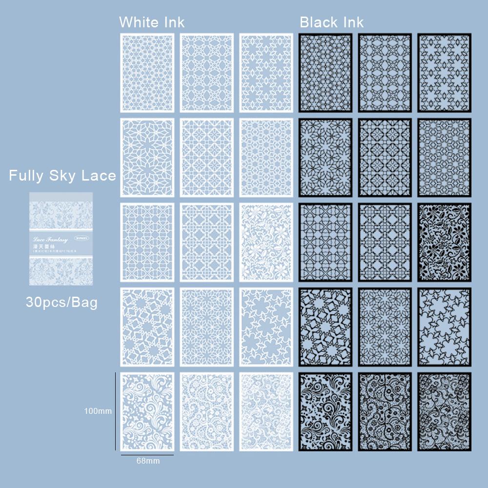 30pcs/pack Unrepeated Patterns Vintage Lace Stickers Black Ink White Ink Various Lace Boarder Sticker Card Journal Scrapbooking