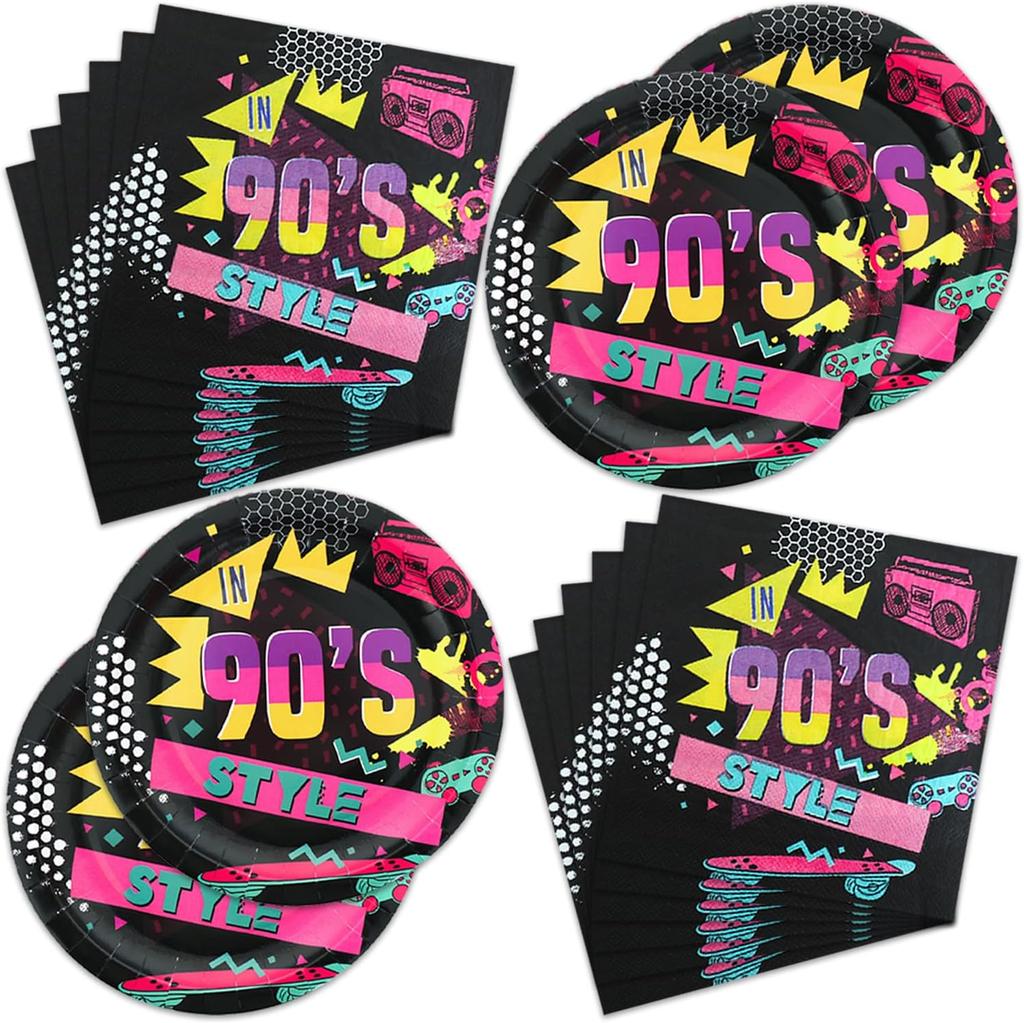 Vintage 90s Party Supplies Tableware Plates Cups Banner Balloons Adult Throwback Neon 1990s Theme Birthday Hip Hop Decorations