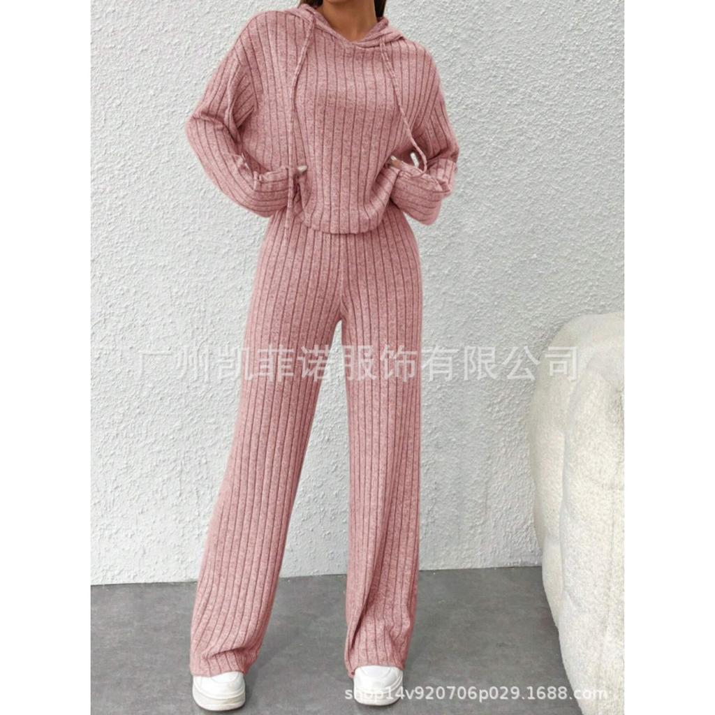 Herbst- und Winter-Freizeit-Strickset mit langen Ärmeln, Damen-Kapuzensweatshirt, lockere Hose zweiteiliges Set
