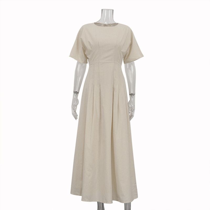 

European and American Women clothes Simple Casual A Word Dress 2025 New round Neck Short sleeve Waist Hugging High Sense Long dress Apricot L