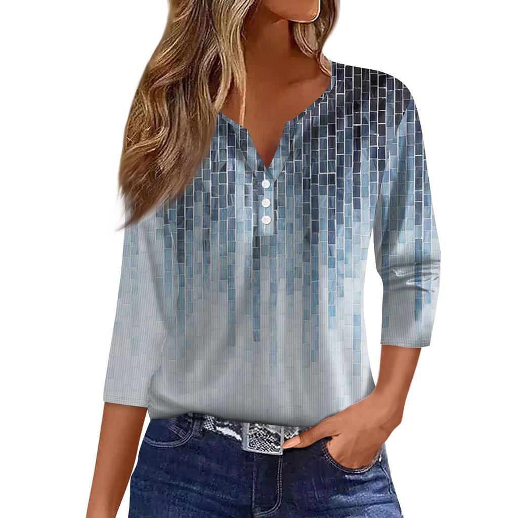 Women's T Shirt Tee Print Button 3/4 Sleeve Tunic Daily Weekend Fashion Basic V- Neck Regular Top