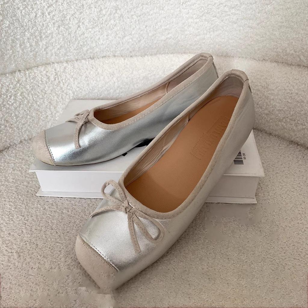 Casual ballet flat bottom small fresh versatile gray bow with soft bottom square head shallow mouth single shoes