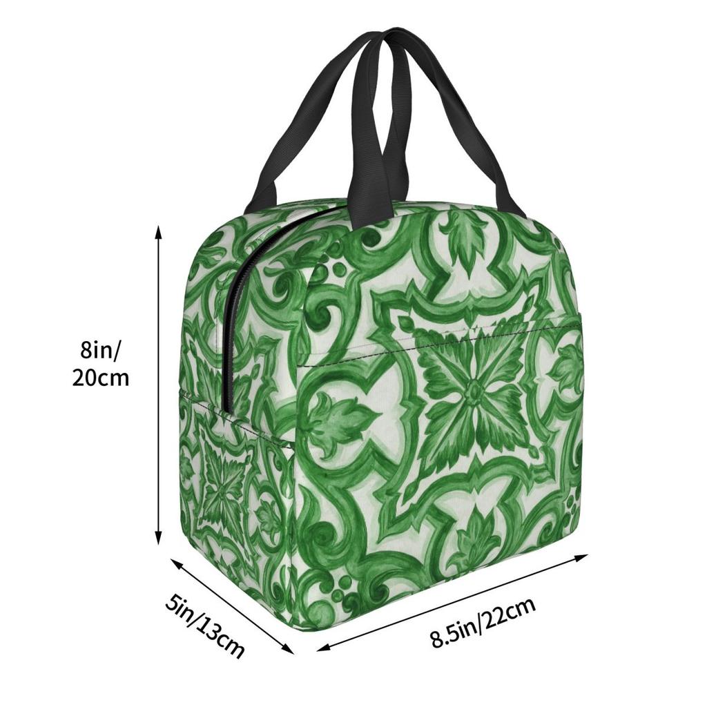 Green Ornate Floral Mediterranean Sicilian Tile Insulated Lunch Bag for Women Office Cooler Thermal Food Box Tote Lunch Boxes