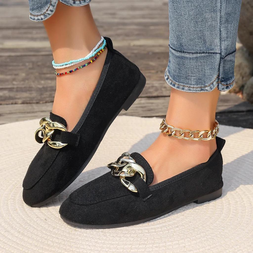 Damenschuhe 2024 Marke Slipper Damen Ballerinas Metalldekoration Büro und Karriere Heißer Verkauf Runde Zehenpartie Flach Niedriger Absatz