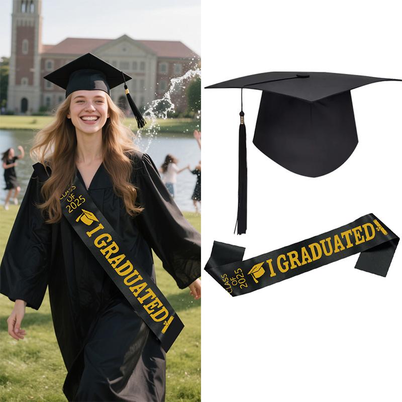 1/2/3Pc Class Of 2026 Black Golden Satin Sash Bachelor Cap With Tassel Graduation Shoulder Strap Congrats Grad Party Photo Props