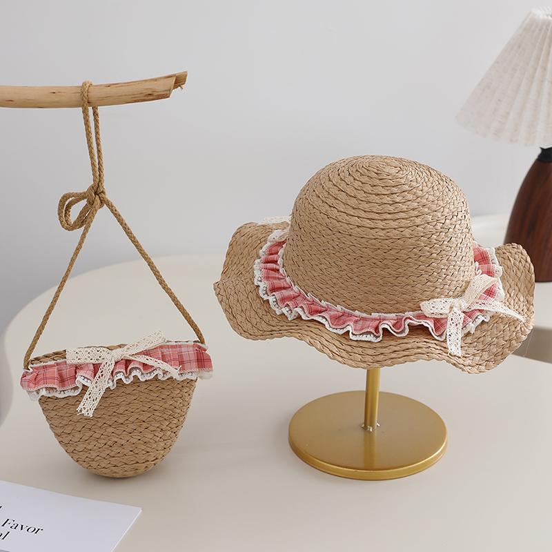 

Women 2PCS Straw Hat And Bag Set Handwoven Summer Beach Hat With Lace Bow Shoulder Bag Vacation Essentials Kids Size (50-52cm) кавовий