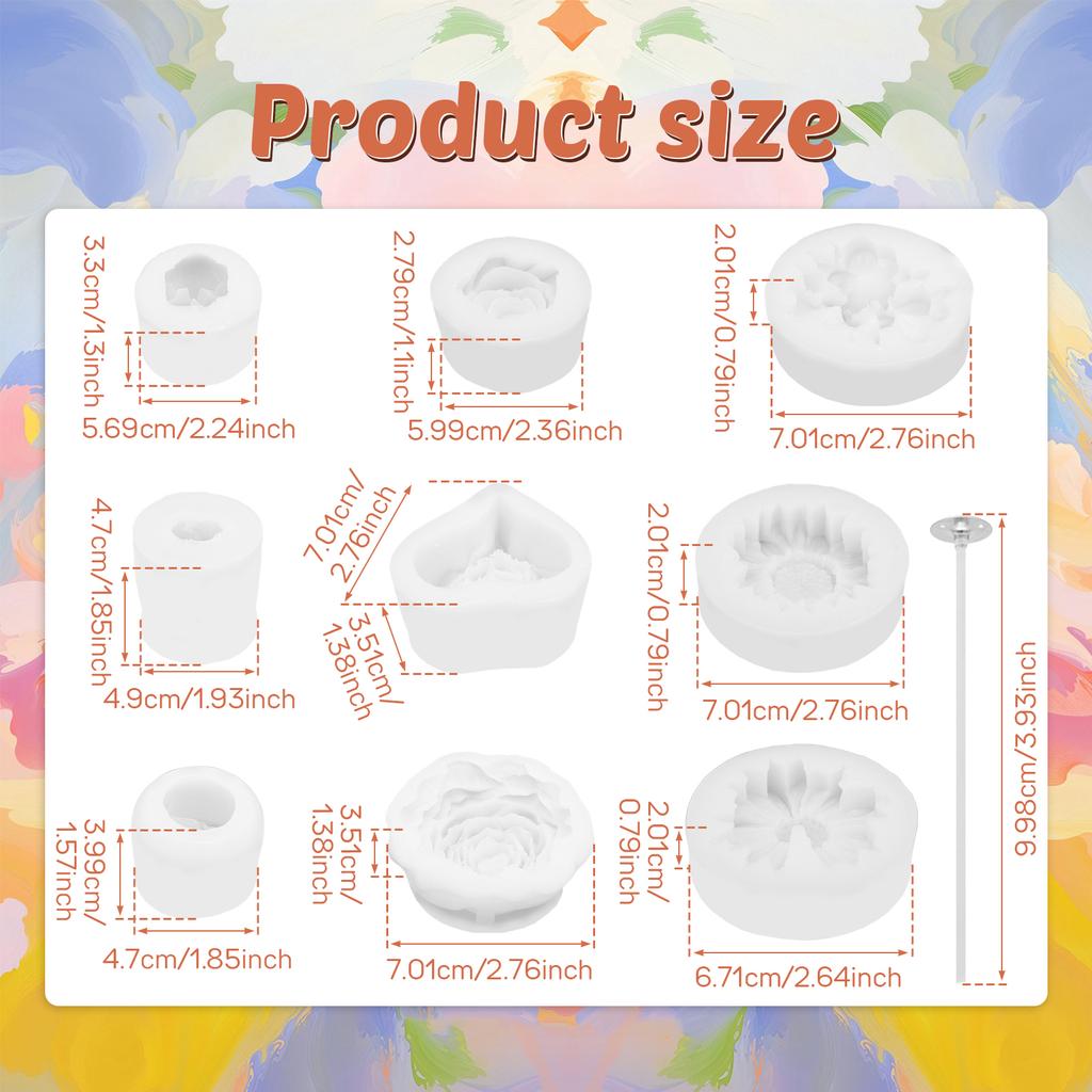 6/8/9 Pcs Flower Candle Mold Reusable Silicone Flower Candles Mold Scented Candle Making Molds with Candle Heart for Handmade