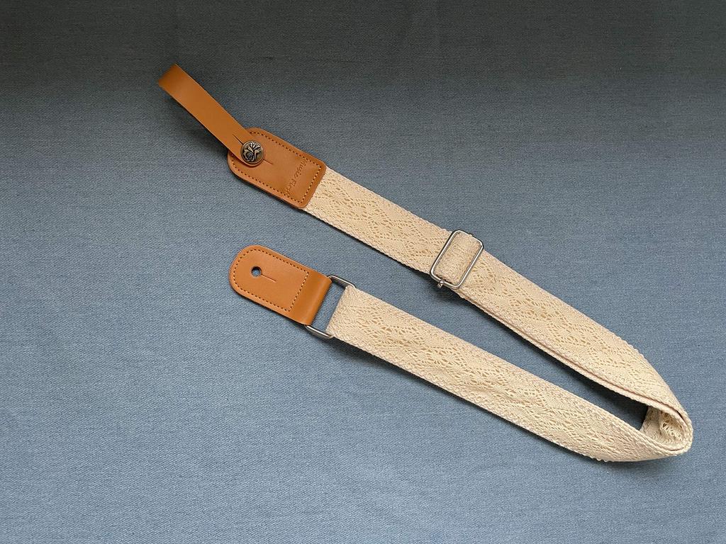 [MUSIC FIRST] Original Design Cream Graceful & Vintage Lace Soft Lace & Genuine Leather Ukulele Strap, Ukulele Shoulder Strap with Genuine Leather