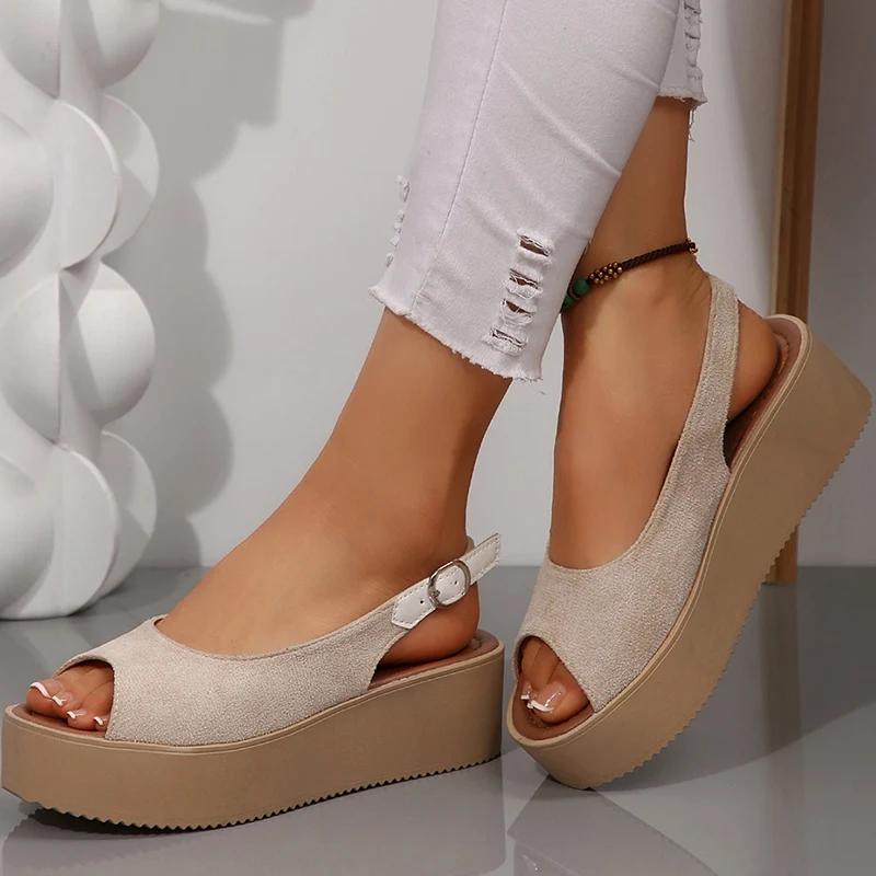 Fashion Vintage Beige Chunky Platform Sandals Women Simple Back Buckle Peep Toe Sandal Ladies Fashion New High Heel Wedge Sandals Female