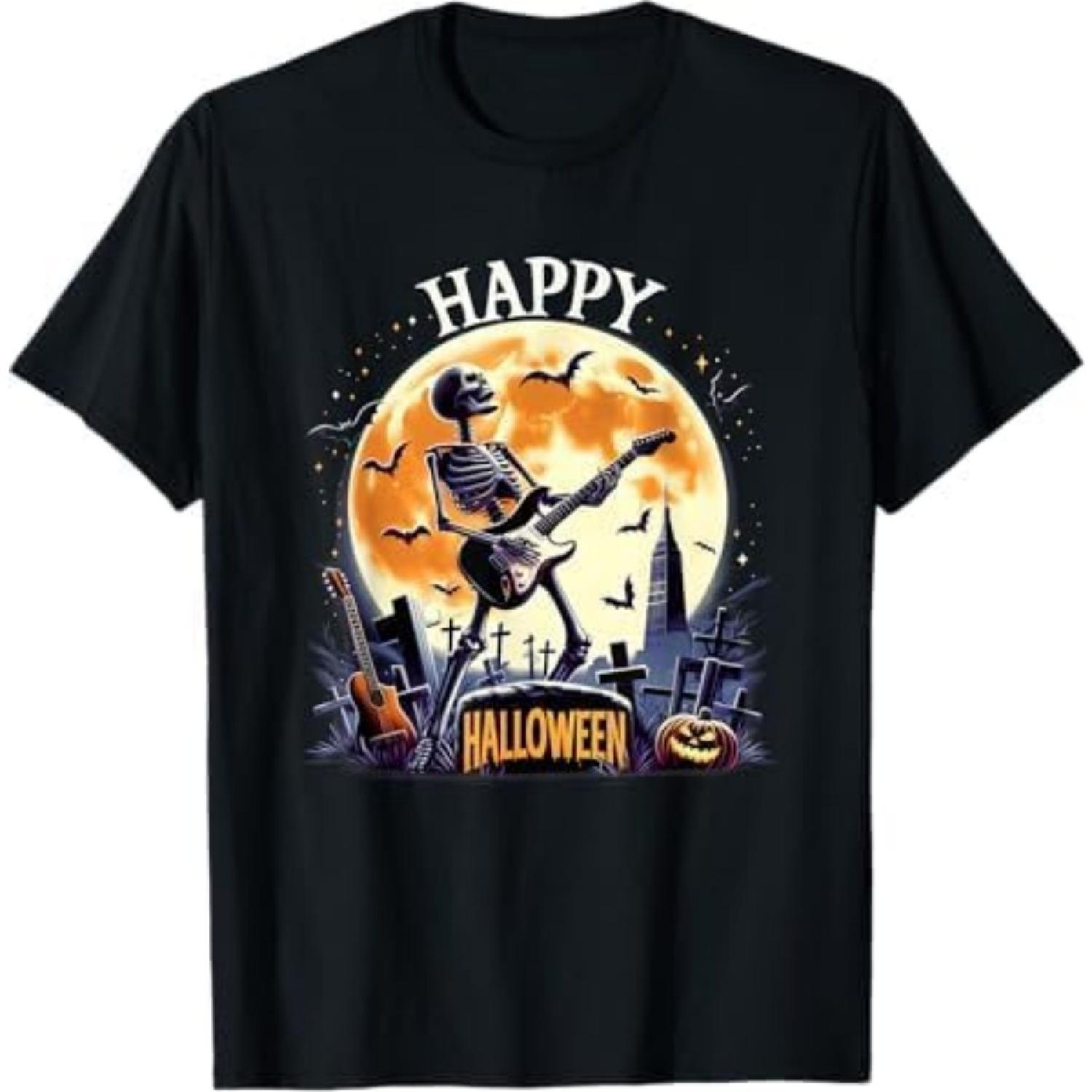 Happy Skeleton Guitar Guy Retro Halloween Rock Band Concert T-Shirt MAILINH Mens Womens Tank Top Sweatshirt Hoodie Black S