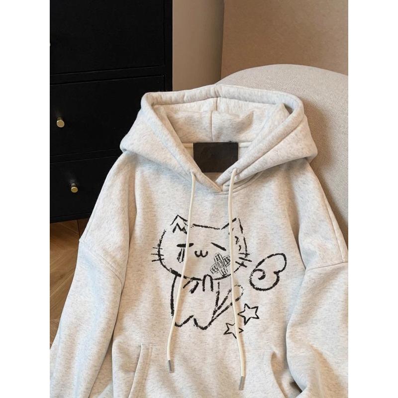 Vintage Preppy Kawaii Sweatshirt Cartoon Pullovers Harajuku Loose Grunge Jumpers Y2k Aesthetic Women White Knitted Hoody
