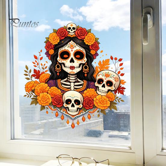 Festive Indoor Outdoor Window Art Day of The Dead Clings, Dia De Los Muertos Sticker, Colorful Decorative Film for Parties Sugar Skull with