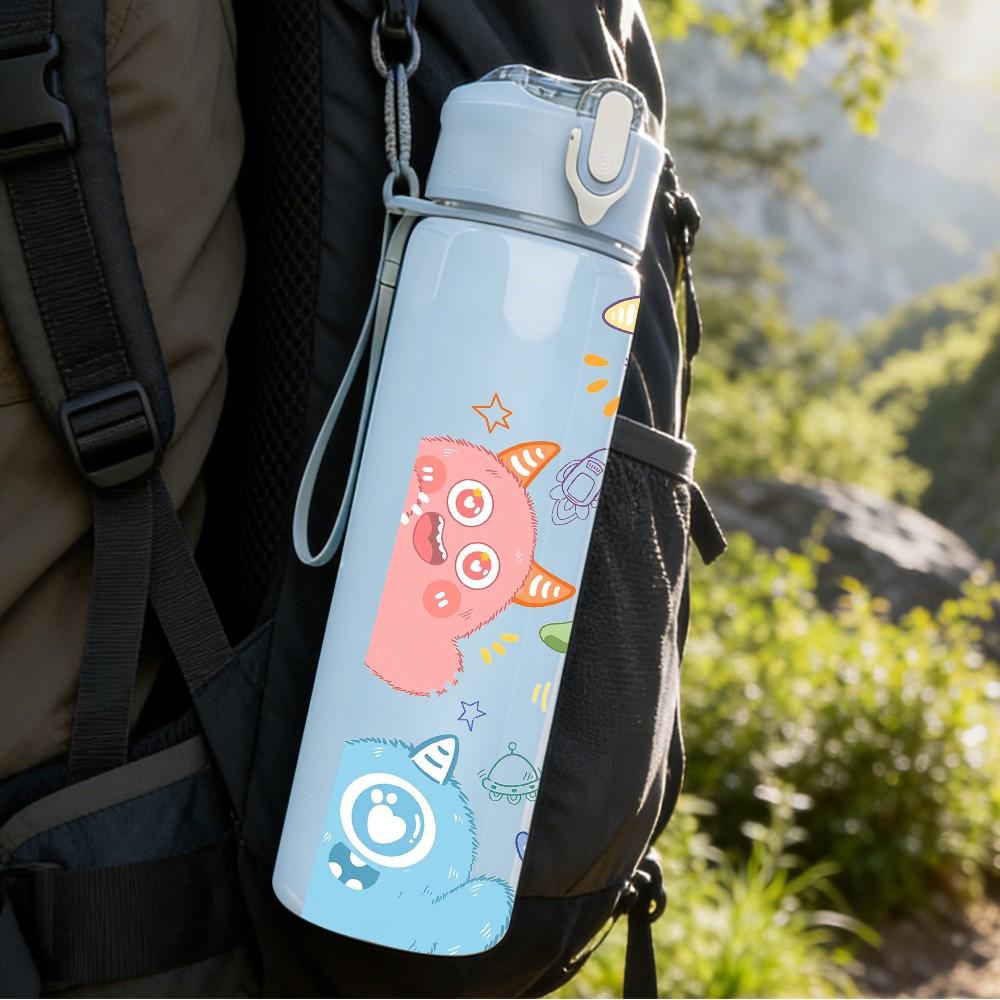 1PC Soft Pastel Doodle Baby Seamless Print 750ml Color Plastic Sports Water Bottle Leakproof Flip Straw Lid Suitable for Sports Office Home Use