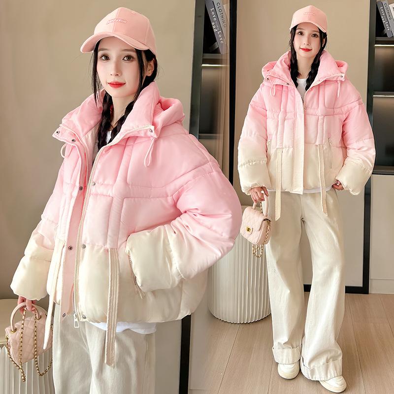 Pink gradual change hooded down cotton clothes women's winter new short small design sense dopamine jacket