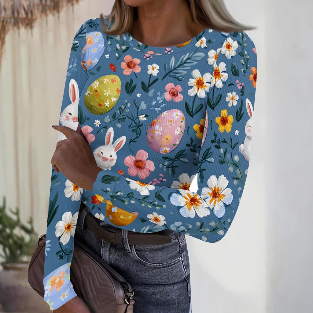 Women's Casual Fashion Round Neck Easter Print Long Sleeve Ribbed Top