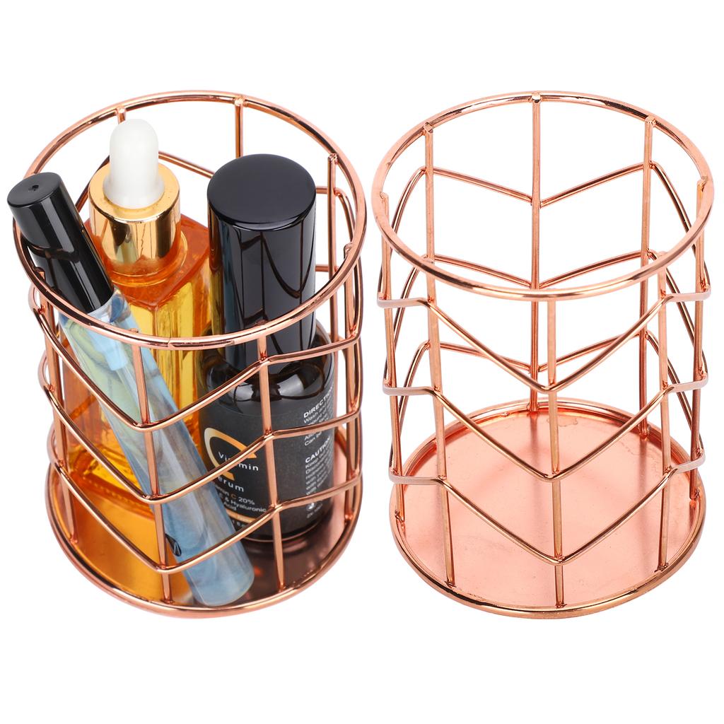 2Pcs Pen Holder Round Rose Gold Desktop Storage Basket Metal Mesh Makeup Organizer Box