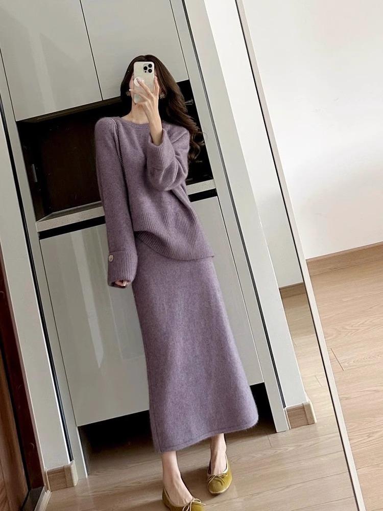 Elegant Purple Knit French Dress: 100% Pure Wool Two-Piece Set (Sweater & Skirt)