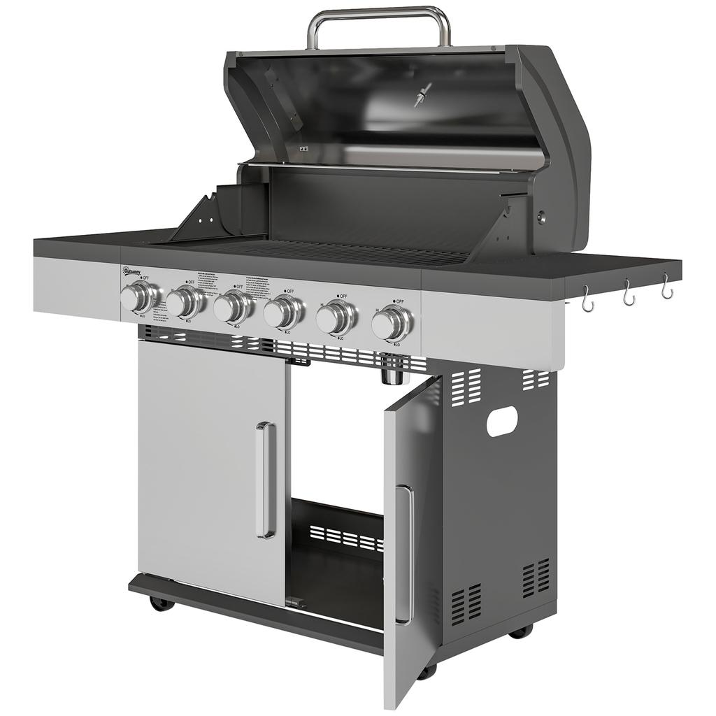 Gas Grill 8500BTU Grill Cart Incl. 6 Stainless Steel Burners, Thermometer, Pressure Regulator, 143 X 55 X 110 Cm, Silver